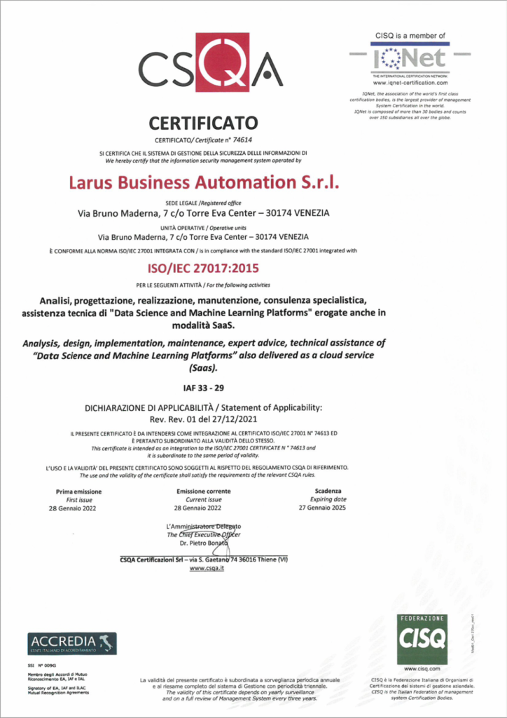 Certification: ISO:IEC 27017-2015